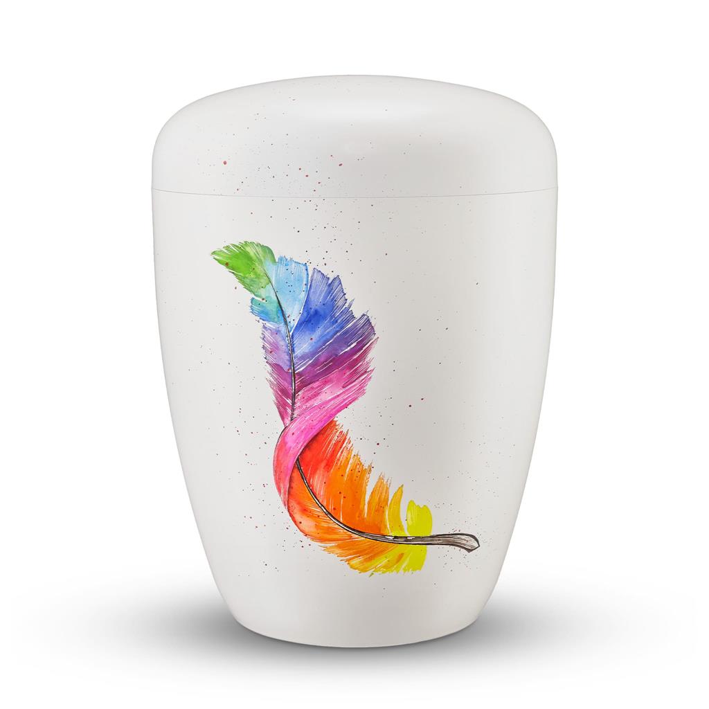 Naturstoffurne, weiß, "bunte Feder"