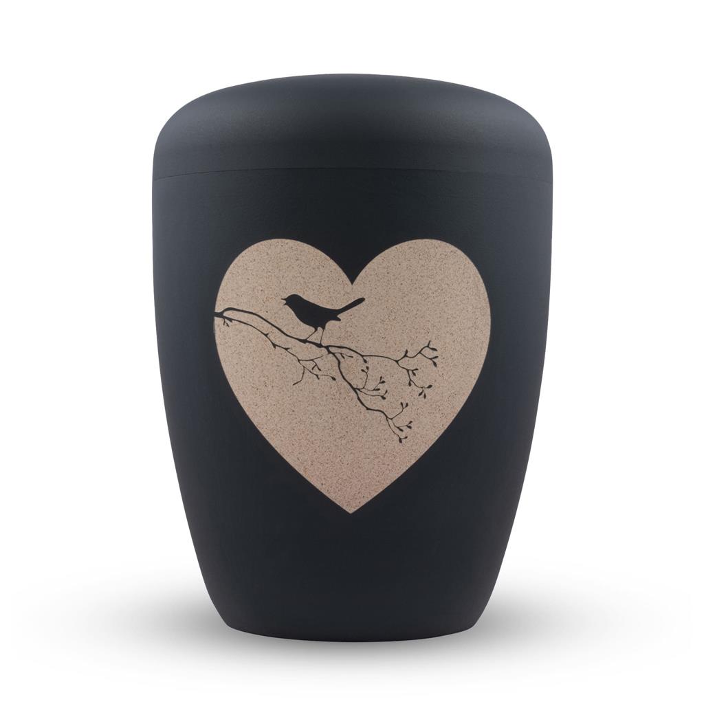 Naturstoffurne, stone-grey, Gravur "Herz m. Vogel"