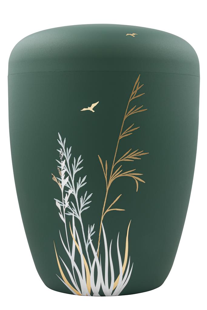 Naturstoffurne, kieferngrün, "Gräser gold+weiß"