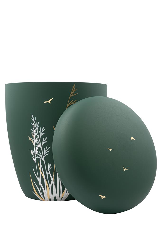 Naturstoffurne, kieferngrün, "Gräser gold+weiß"